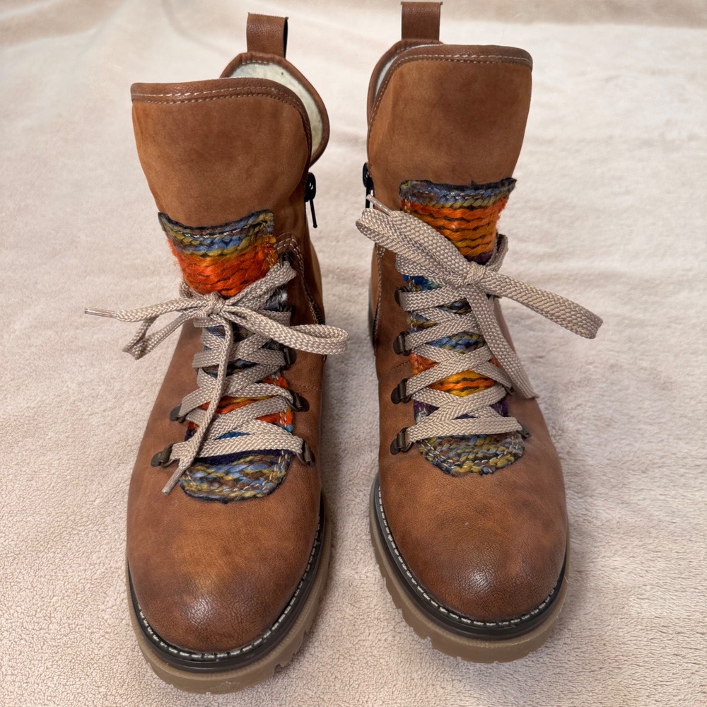 Rieker Leather Lug Sole Sweater Knit Sherpa Hiking Boots Cozy Boho EU40/US 9.5 - Picture 3 of 11